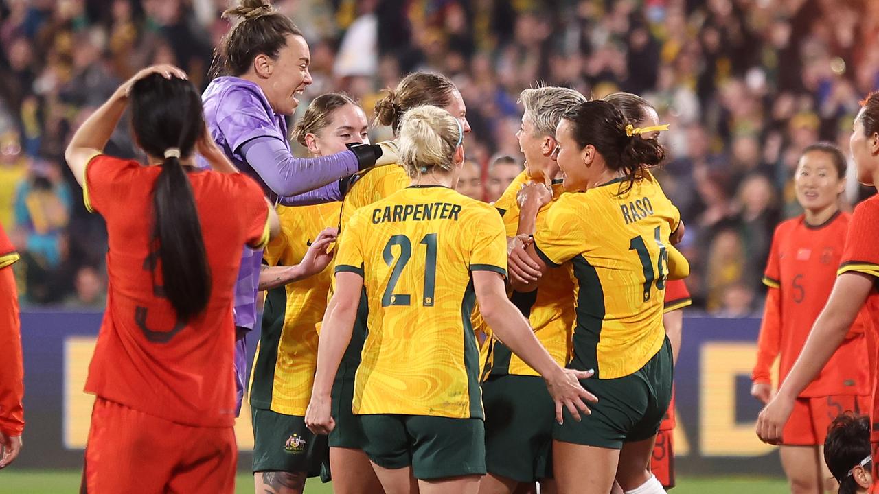 ADELAIDE, AUSTRALIA - MAY 31: Michelle Heyman of Australia celebrates with team mates after scoring a goal during the international friendly match between Australia Matildas and China PR at Adelaide Oval on May 31, 2024 in Adelaide, Australia. (Photo by Cameron Spencer/Getty Images)