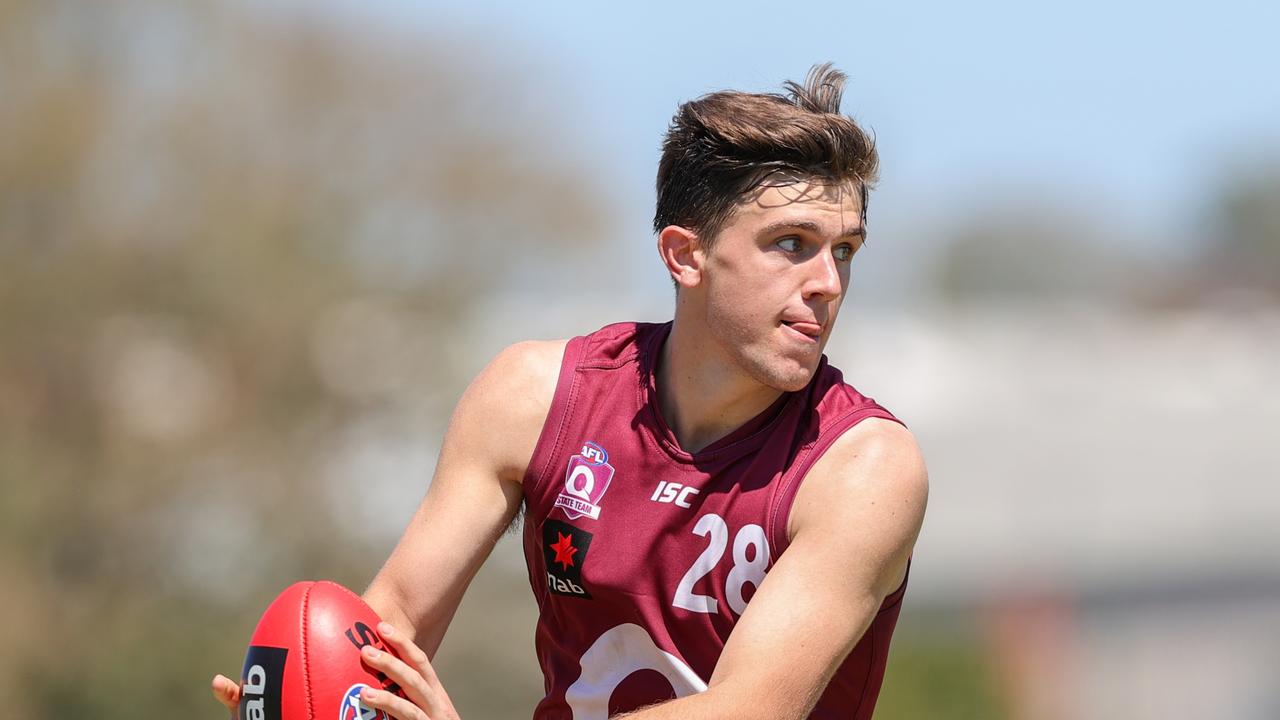 Liam Hude gets the footy in a AFL U17 Championship match between Queensland and Tasmania. Picture: Russell Freeman/AFL Photos