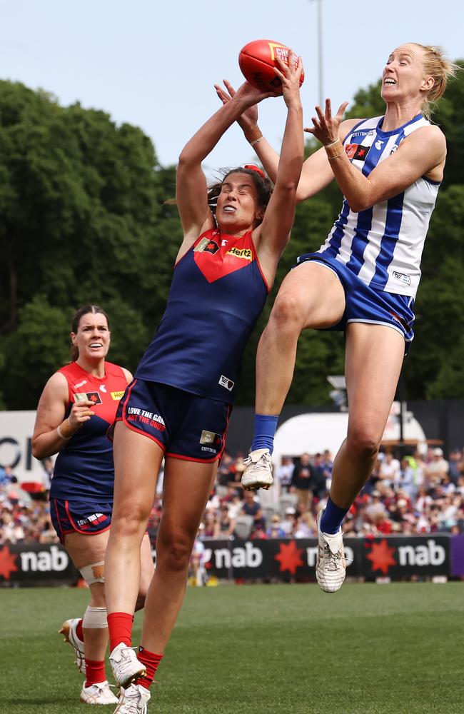 Melbourne’s Libby Birch, pictured marking in front of Kate Shierlaw, has requested a trade. Picture: Michael Klein