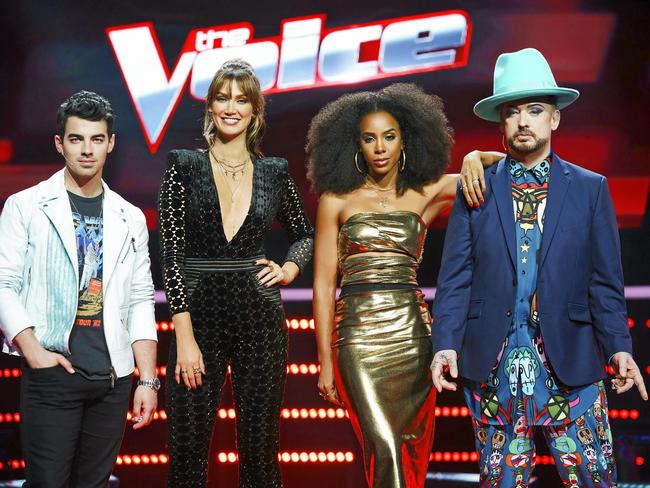 The Voice's 2018 season coaches, from left, Joe Jonas, Delta Goodrem, Kelly Rowland and Boy George. Picture: Channel 9.