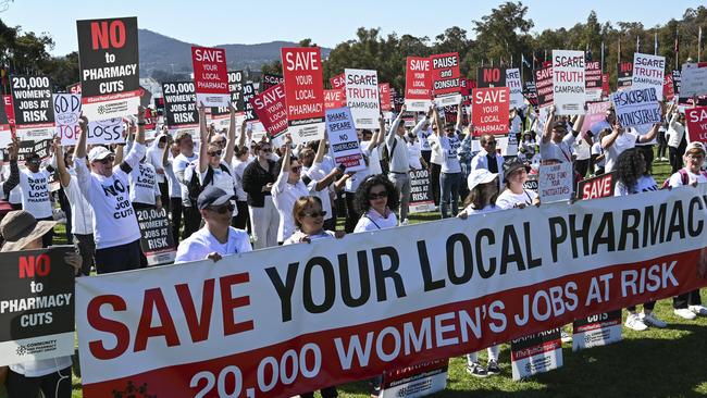 Pharmacists from across Australia protesting against the 60-day scripts outside Parliament House in Canberra on Monday. Picture: NCA NewsWire / Martin Ollman