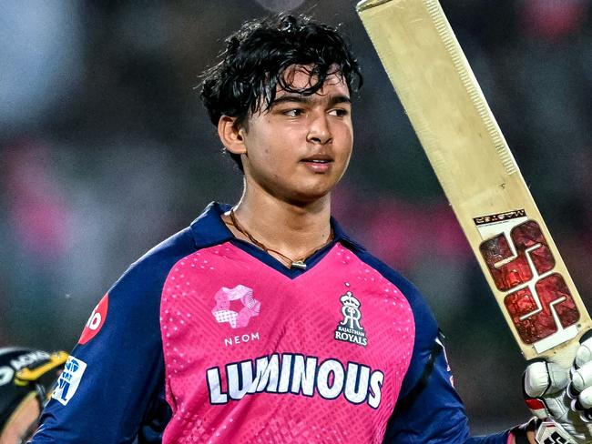 Rajasthan Royals' Vaibhav Suryavanshi celebrates after scoring a century (100 runs) during the Indian Premier League (IPL) Twenty20 cricket match between Rajasthan Royals and Gujarat Titans at the Sawai Mansingh Stadium in Jaipur on April 28, 2025. (Photo by Sajjad HUSSAIN / AFP) / -- IMAGE RESTRICTED TO EDITORIAL USE - STRICTLY NO COMMERCIAL USE --
