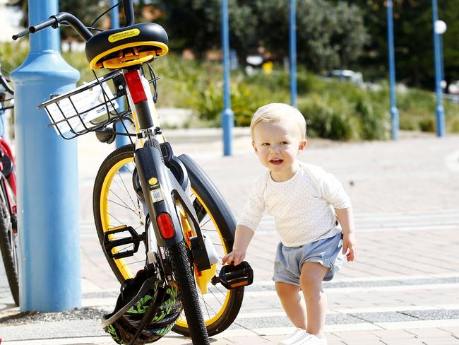 Harry Harwood, 17 months, inspects a hire bikes left on the Promenade at Goldstein Reserve at Coogee beach. Picture: John Appleyard