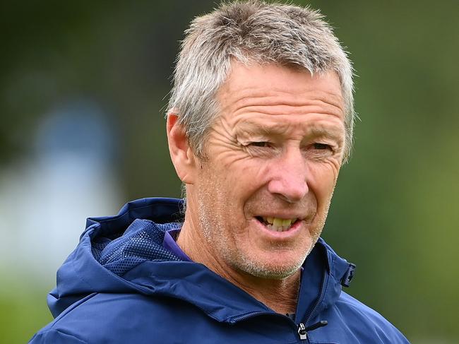 MELBOURNE, AUSTRALIA - MARCH 21: Craig Bellamy the coach of the Storm looks on during a Melbourne Storm NRL training session at Gosch's Paddock on March 21, 2023 in Melbourne, Australia. (Photo by Quinn Rooney/Getty Images)