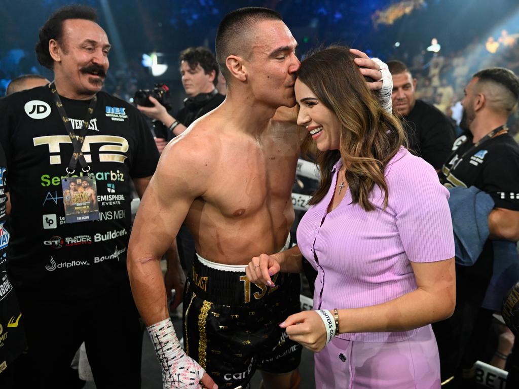 Tim Tszyu after his victory with Alexandra Constantine. Picture: Matt Roberts/mattrimages.com.au/No Limit Boxing