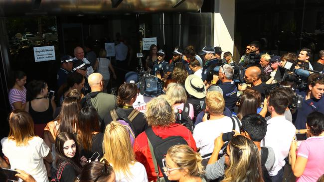 Media, Police and fans gathered outside court for the appearance of Johnny Depp and his wife Amber Heard in the Southport Courthouse for bringing her dogs into the country Photo: David Clark