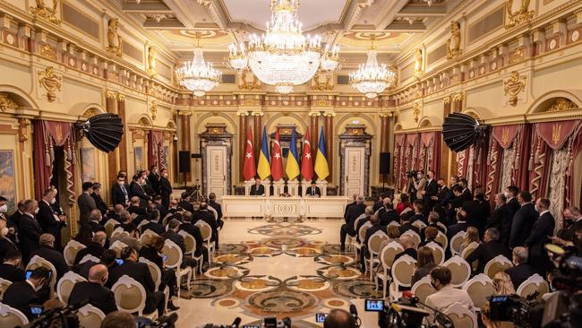 Turkish President Recep Tayyip Erdogan, left, and Ukrainian President Volodymyr Zelensky hold a joint press conference in Kiev, Ukraine. The two leaders discussed the current situation surrounding a Russian military invasion of Ukraine. Picture: Getty