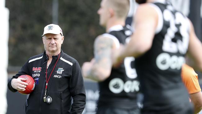 Ken Hinkley watches training at Alberton this week. Picture SARAH REED