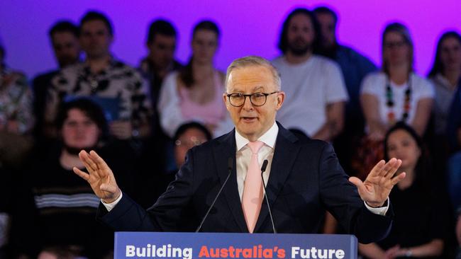 Prime Minister Anthony Albanese at a US-style campaign rally in Adelaide. Picture Matt Turner.