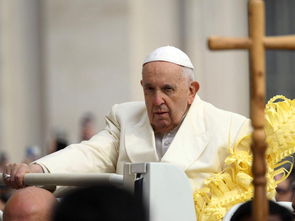 Pope Francis in the popemobile during Palm Sunday mass at St. Peter's square in The Vatican. Picture: Handout / VATICAN MEDIA / AFP