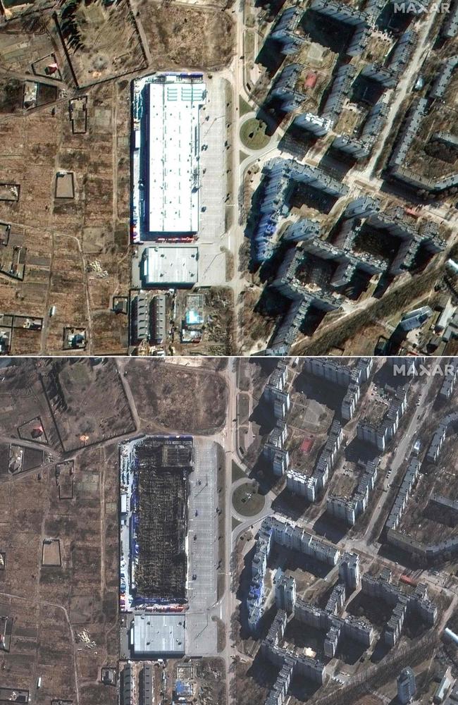 (COMBO) This image created shows the Epicentr K shopping centre in Chernihiv, Ukraine before and after being destroyed. Picture: Maxar Technologies