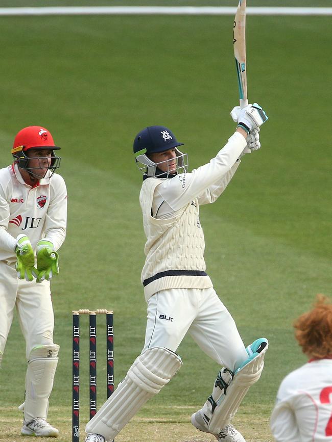 Victoria’s Peter Handscomb on his way to 123 not out against the Redbacks. Picture: AAP Image/Hamish Blair