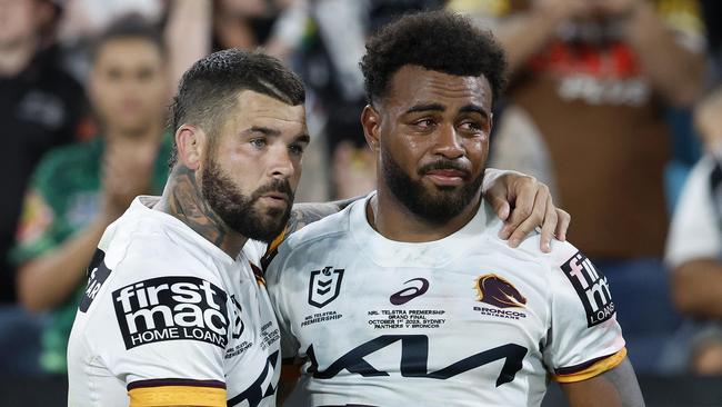 Adam Reynolds concsoles Ezra Mam who is inconsolable after losing the 2023 NRL Grand Final between the Brisbane Broncos and the Penrith Panthers at Accor Stadium, Sydney Olympic Park. Pics Adam Head