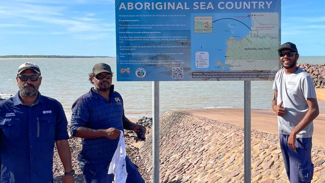 Bulgul and Kakadu National Park Rangers Brendan Morgan Armstrong, Bernie Lewis and Victor Moffit patrolling the Finniss River. Picture: Supplied/NLC