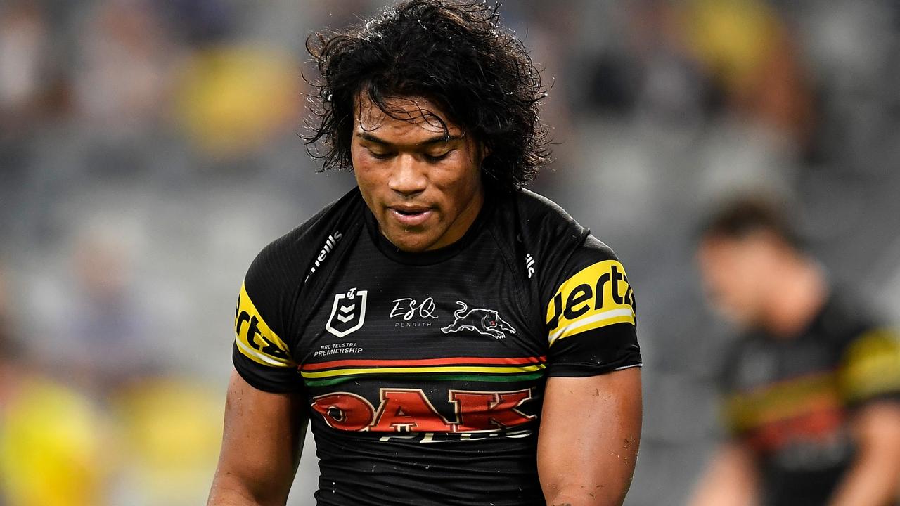 TOWNSVILLE, AUSTRALIA – SEPTEMBER 11: Brian To'o of the Panthers looks dejected during the NRL Qualifying Final match between Penrith Panthers and South Sydney Rabbitohs at QCB Stadium, on September 11, 2021, in Townsville, Australia. (Photo by Ian Hitchcock/Getty Images)