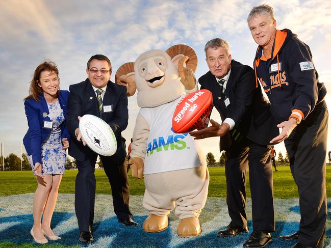 Ian Kyte (right) poses during a shoot to promote the renaming of Craigieburn’s Highgate Reserve as Rams Arena. Picture: Josie Hayden