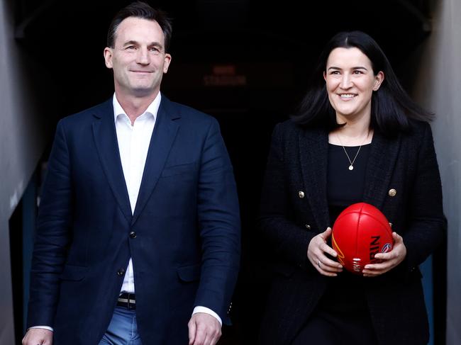 MELBOURNE, AUSTRALIA - AUGUST 28: Incoming AFL Chief Executive Andrew Dillon and newly appointed AFL Executive General Manager Football Laura Kane are seen during an AFL Media Opportunity at Marvel Stadium on August 28, 2023 in Melbourne, Australia. (Photo by Michael Willson/AFL Photos via Getty Images)