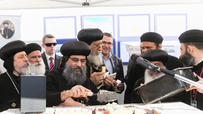 His Holiness Pope Tawadrous II laying the foundation stone at the Kellyville church. Picture: Jonathon Hakim