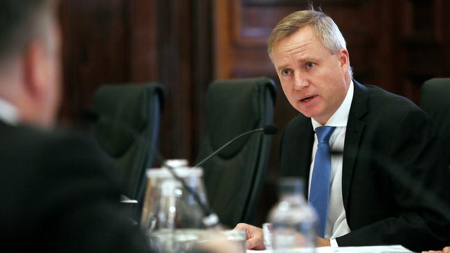 Education Minister Jeremy Rockliff answering questions today in the Long Room at Parliament House in Hobart. Picture: SAM ROSEWARNE