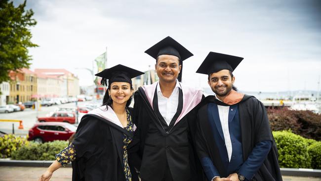 Shirisa Timilisina, Hiren Maniya and Ruchit Khambhadiya. University of Tasmania Graduations. Federation Concert Hall, Hobart. Picture: RICHARD JUPE