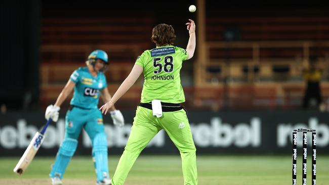 Sammy-Jo Johnson seals the deal for the Thunder, catching Delissa Kimmince off her own bowling. Picture: Cameron Spencer/Getty Images