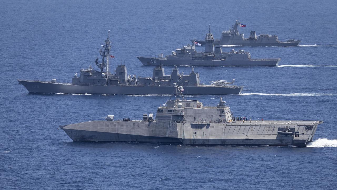 USS Mobile, JS Akebono, HMAS Warramunga and BRP Antonio Luna during a multilateral maritime cooperative activity between the United States, Japan, Australia and the Philippines off the coast within the Philippines Exclusive Economic Zone. Picture: POIS Leo Baumgartner