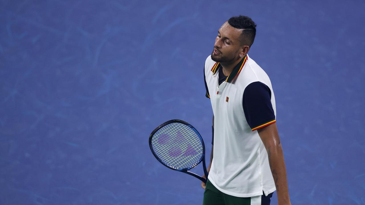Nick Kyrgios reacts against Roberto Bautista Agut of Spain during his first-round defeat on Day One of the 2021 US Open at the Billie Jean King National Tennis Center on August 30, 2021 in the Flushing neighbourhood of the Queens borough of New York City. Photo: Getty Images
