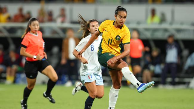 PERTH, AUSTRALIA - NOVEMBER 01: Mary Fowler of the Matildas takes a shot a goal during the AFC Women's Asian Olympic Qualifier match between Australia Matildas and Chinese Taipei at HBF Park on November 01, 2023 in Perth, Australia. (Photo by James Worsfold/Getty Images)