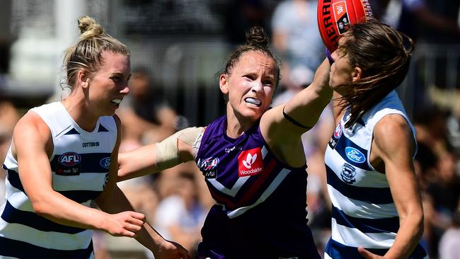 Kara Antonio in action against the Cats in Fremantle’s AFLW season-opener. Picture: Getty Images