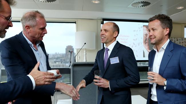 Ross Coulthart greets Mark Arbib at the launch of Damon Kitney's book. Picture: Hollie Adams