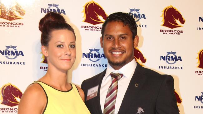 Ainslie Currie and Ben Barba at the Broncos season launch in 2014. Picture: Adam Smith