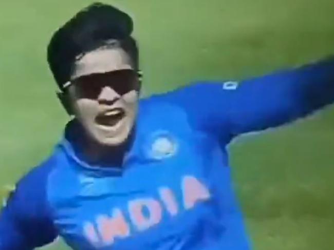 Shafali Verma celebrates the wicket of Beth Mooney in the 2023 Women's World Cup semi final.