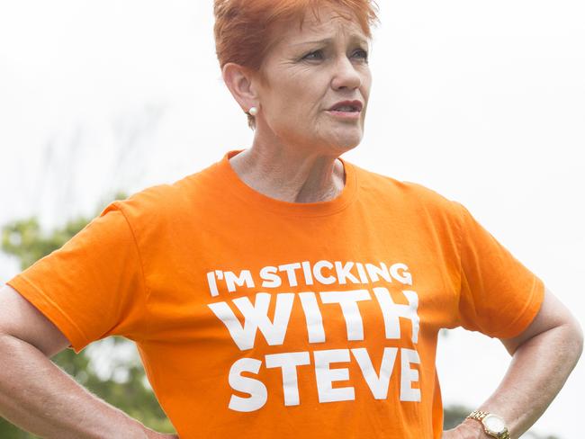 Pauline Hanson at the polling booth at Mountain Creek State School for the 2017 Queensland State Election. Photo Lachie Millard