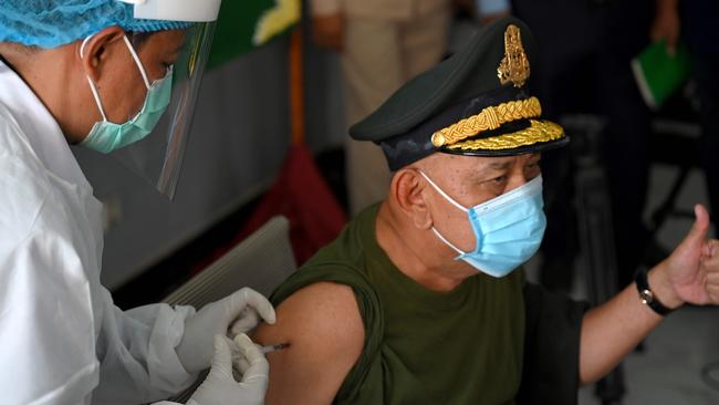 A military official receives the Sinopharm vaccine from China during the first day of vaccinations in Phnom Penh, Cambodia. Picture: AFP