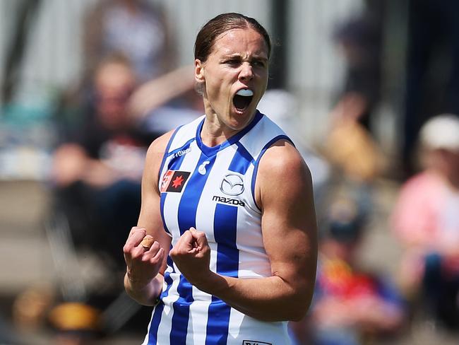 ADELAIDE, AUSTRALIA - OCTOBER 29: Jasmine Garner of the Kangaroos celebrates a goal during the 2023 AFLW Round 09 match between The Adelaide Crows and The North Melbourne Tasmanian Kangaroos at Norwood Oval on October 29, 2023 in Adelaide, Australia. (Photo by James Elsby/AFL Photos via Getty Images)