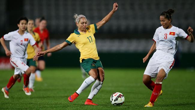 Kyah Simon of the Matildas controls the ball during a friendly match against Vietnam at WIN Jubilee Stadium last month. Picture: Matt King/Getty