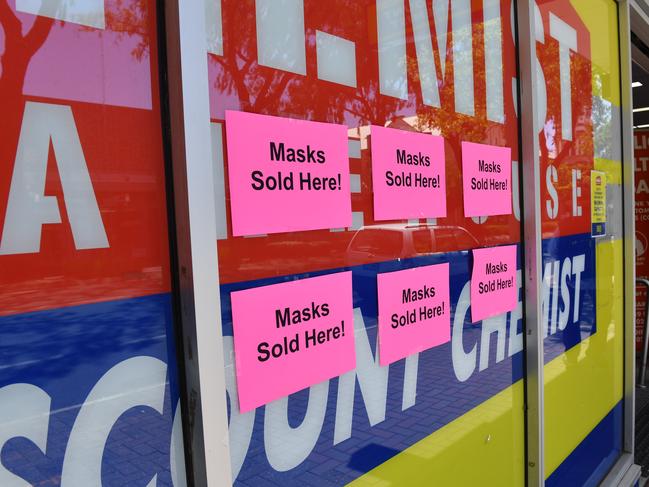 A chemist advertising masks for sale on The Parade at Norwood Picture: Keryn Stevens