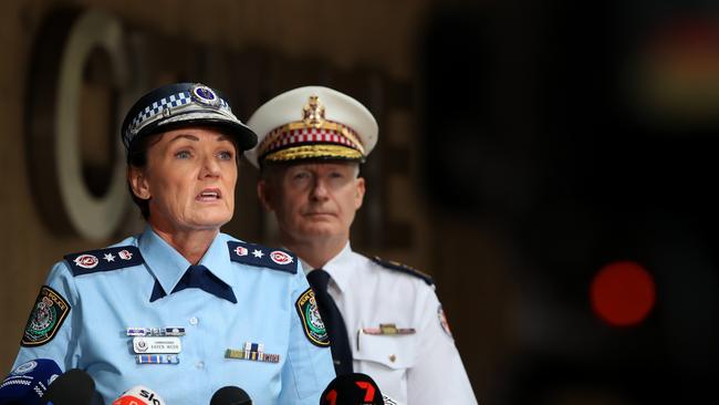 SYDNEY, AUSTRALIA - APRIL 16: NSW Police Commissioner Karen Webb and Ambulance Commissioner Dominic Morgan speak during a press conference on April 16, 2024 in Sydney, Australia. Hundreds clashed with police in western Sydney after an Orthodox Christian bishop was allegedly stabbed at the alter at Mar Mari Emmanuel at Assyrian church in Wakeley. (Photo by Lisa Maree Williams/Getty Images)