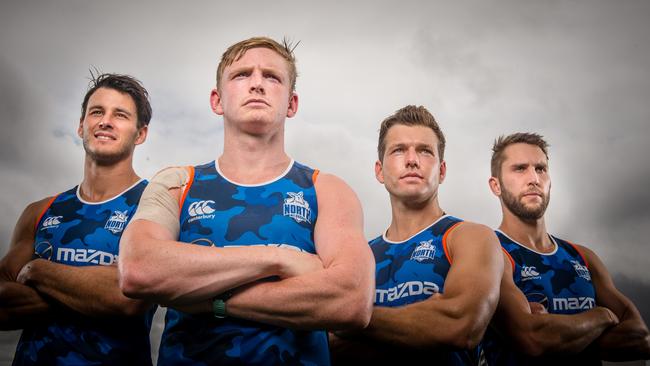 North Melbourne’s leadership group for the upcoming 2018 AFL season: Robbie Tarrant, Jack Ziebell, Shaun Higgins and Jamie Macmillan. Picture: Eugene Hyland