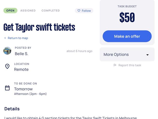 Most fans hoping to hire someone to help them buy tickets are offering $50. Photo: Airtasker