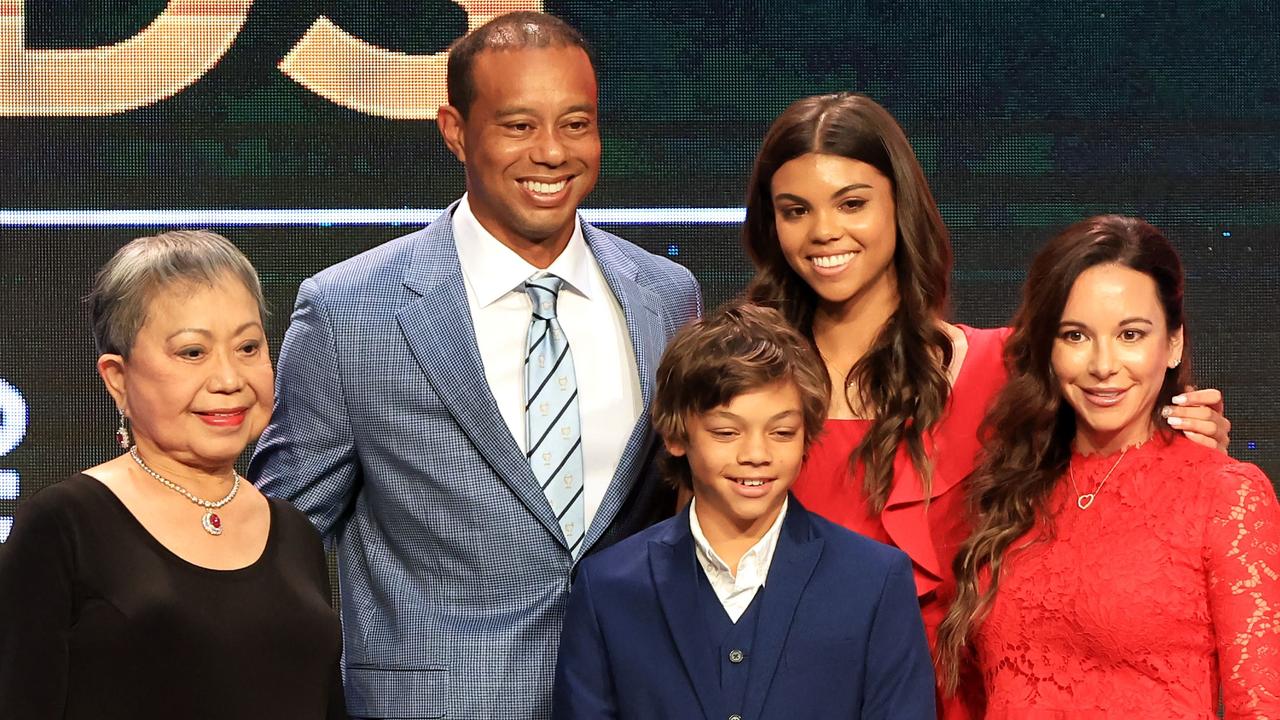 Tiger Woods, mother Kultida Woods and children Sam Alexis Woods and Charlie Axel Woods and Erica Herman. Photo Sam Greenwood/Getty Images/AFP.