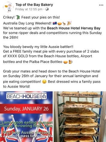 A screen grab of a Facebook post showcasing the Australia Day lamington-eating competition at the Beach House Hotel.