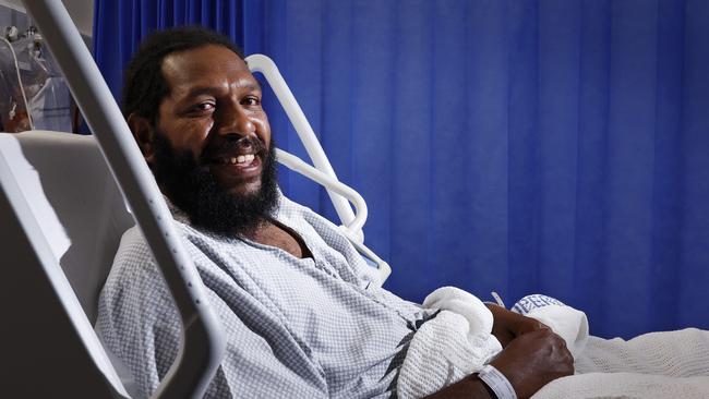 Torres Strait Islander Adea Tabuai was travelling alone in his dinghy in rough seas between Moa and Warraber Islands on Wednesday when his boat capsized. He floated on a small piece of plywood for 24 hours before being rescued by helicopter and flown to Thursday Island Hospital to recover. Picture: Brendan Radke