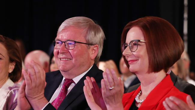 JUST KEEP SMILING: Former prime ministers Kevin Rudd and Julia Gillard — we can’t decide if their joint performance at the Labor launch was more like a buddy flick, a rom-com or a slasher movie. Picture: Liam Kidston