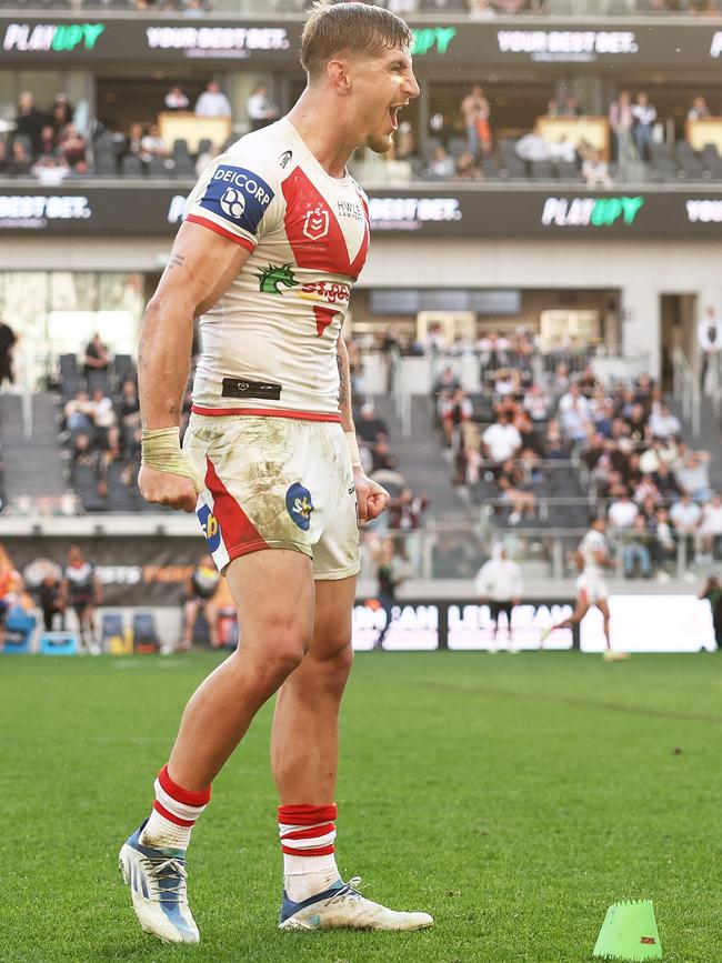 Zac Lomax celebrates kicking the winning penalty goal. Picture: Matt King/Getty Images