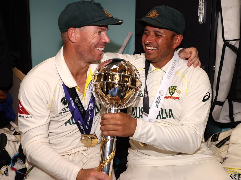 David Warner and Usman Khawaja celebrate with the ICC World Test Championship mace. Picture: Ryan Pierse-ICC/ICC via Getty Images