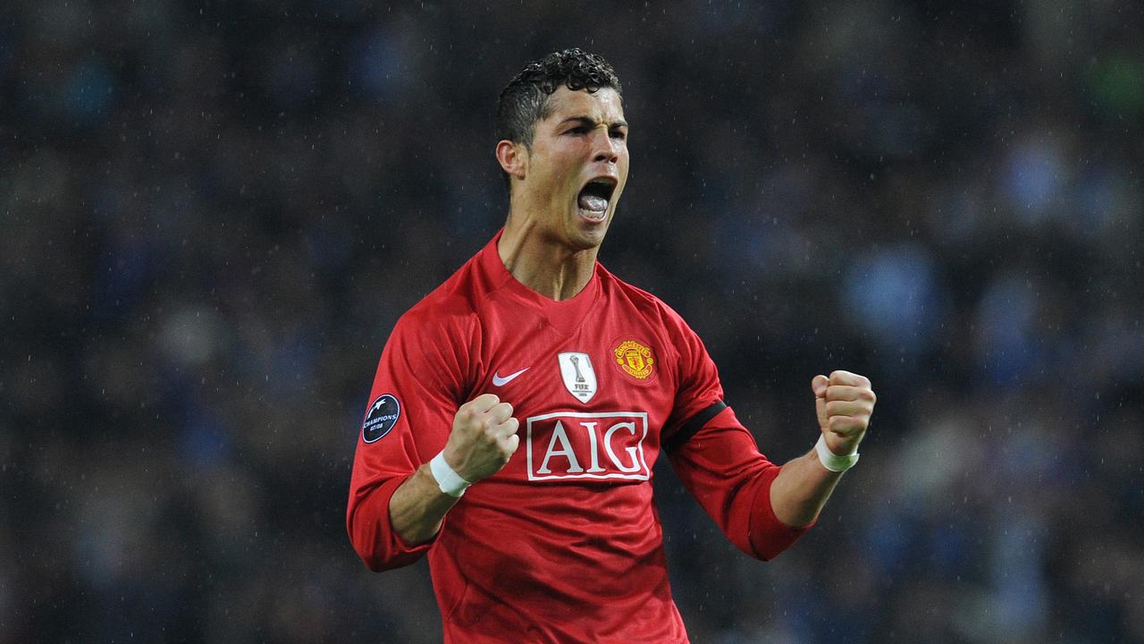 15/04/2009 WIRE: Manchester United's Cristiano Ronaldo reacts after his teams victory over FC Porto in a Champions League quarterfinal second leg soccer match Wednesday, April 15, 2009 at the Dragao stadium in Porto, Portugal. Ronaldo scored the only goal in Manchester United's 1-0 victory and proceed to the next round.(AP Photo/Paulo Duarte)