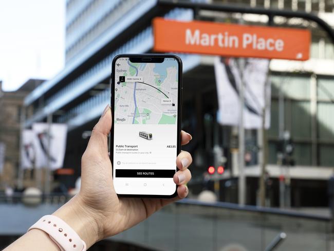 The new look Uber app which now includes public transport options. Picture: Supplied