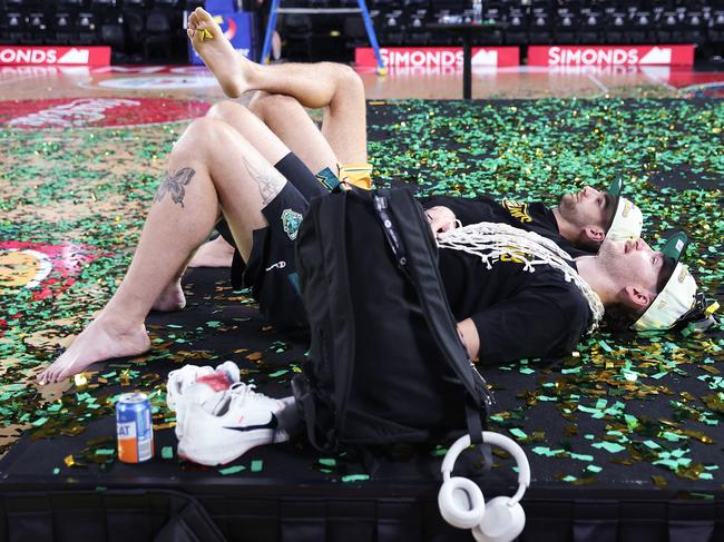 McVeigh and Magnay soaking in the championship glory. Picture: Daniel Pockett/Getty Images