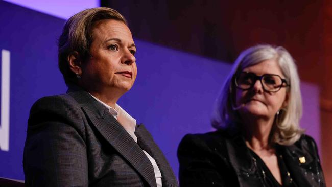 Communications Minister Michelle Rowland, left, and Women’s Economic Equality Taskforce chair Sam Mostyn at the Women in Media national conference in Sydney last week. Picture: Emma Brasier/Women in Media